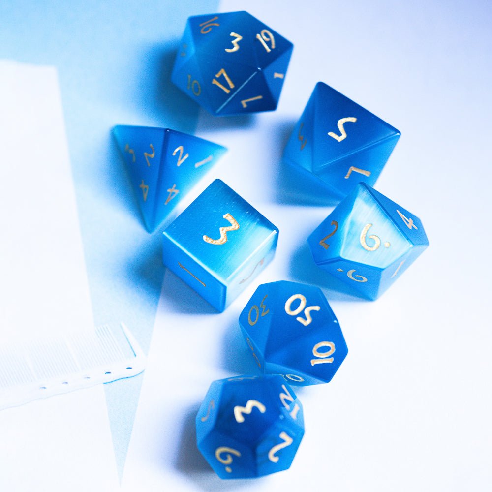 Blue Cat Eye Gemstone Dice Set - Geek Therapeutics