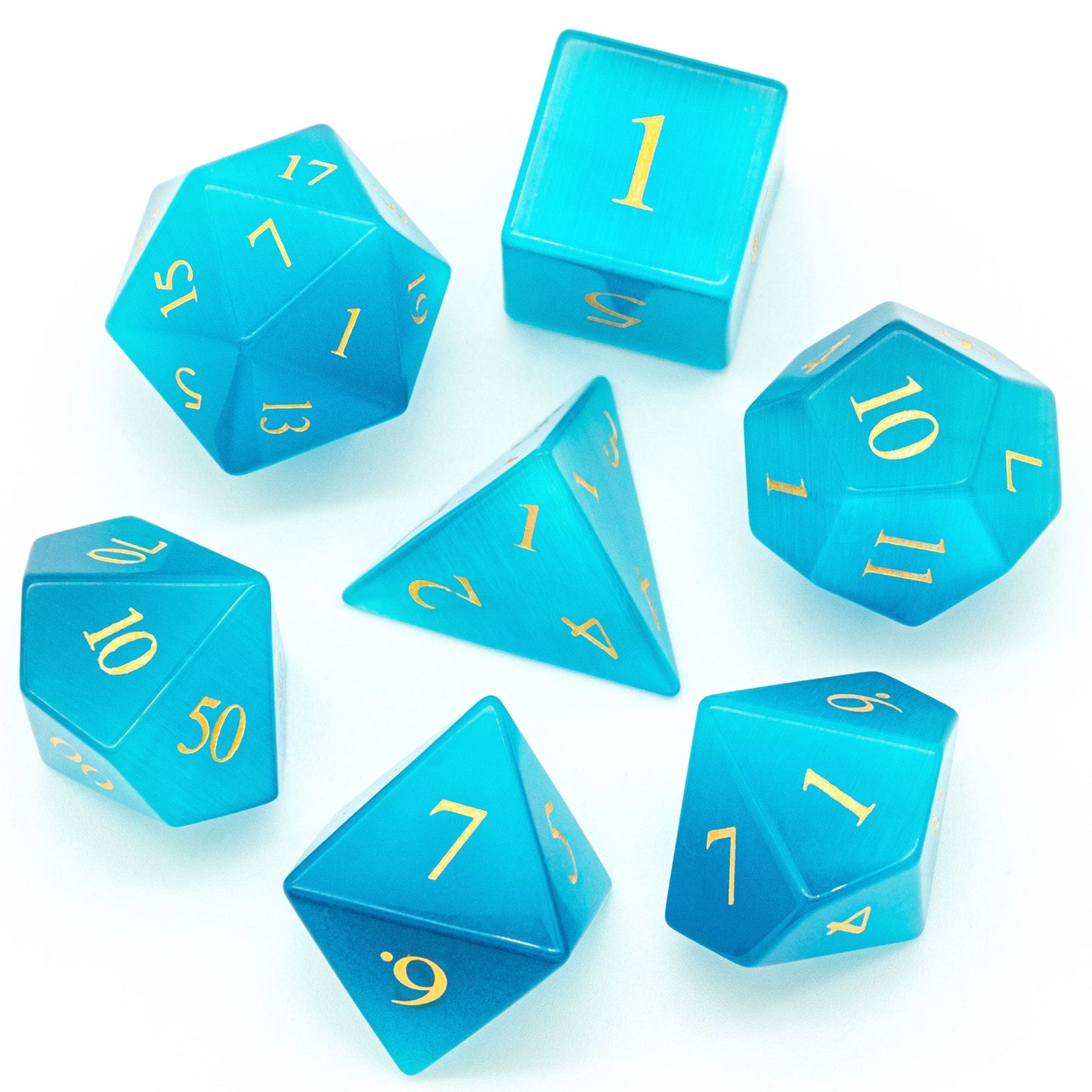 Blue Cat Eye Gemstone Dice Set - Geek Therapeutics