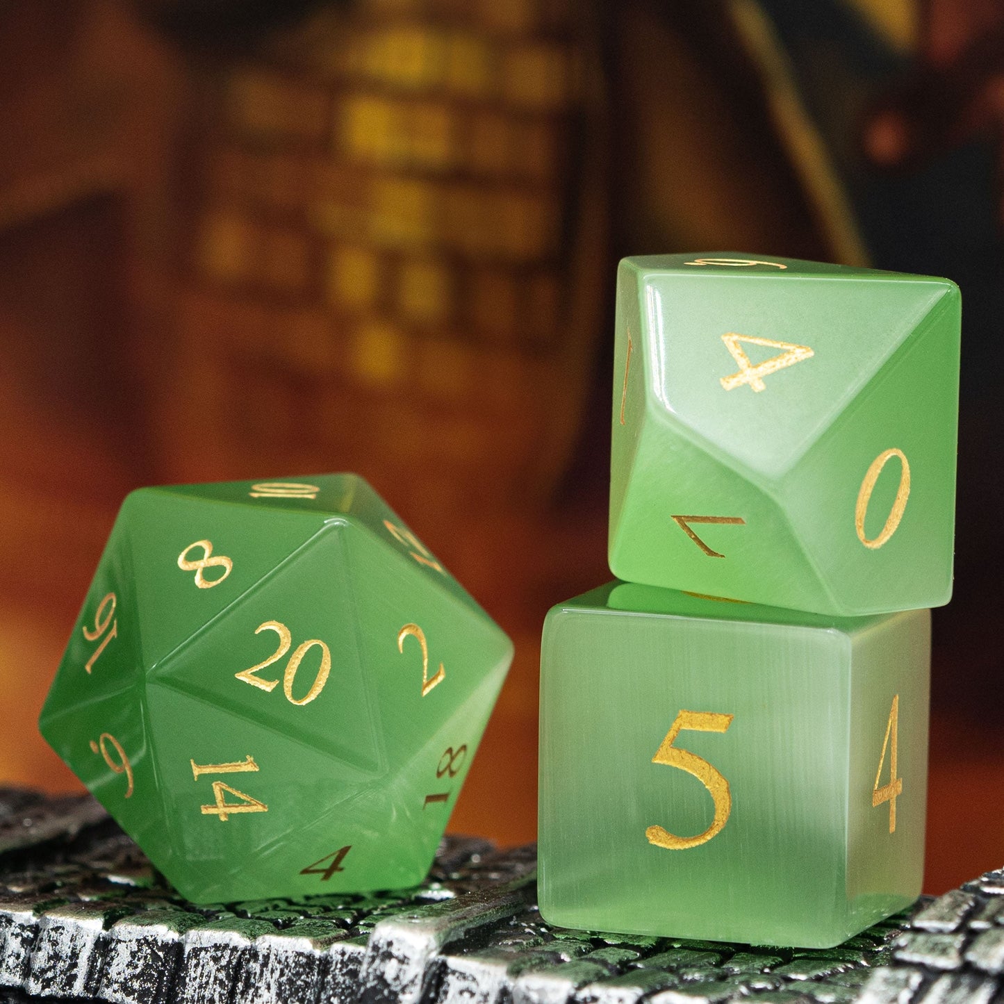 Green Cat Eye Gemstone Dice Set - Geek Therapeutics