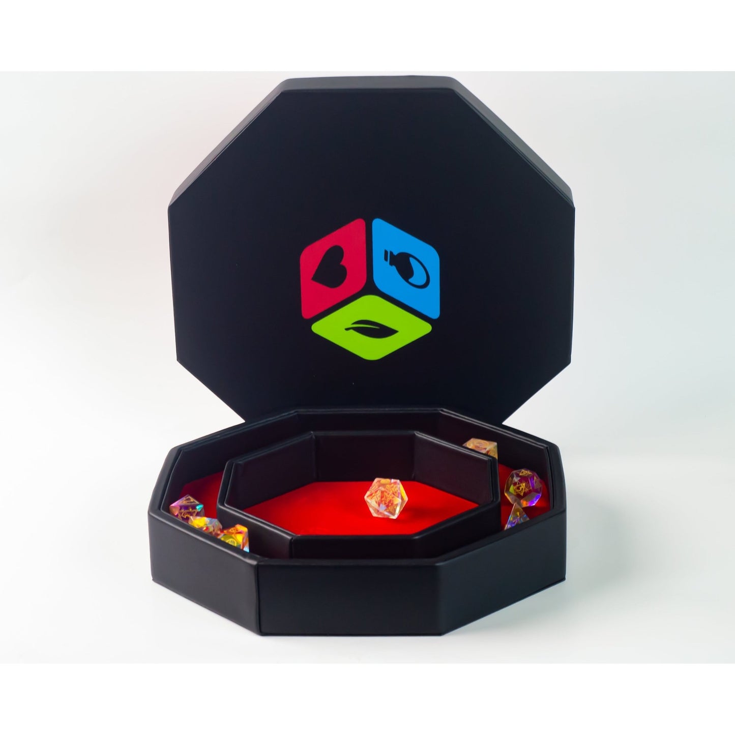 Leather Dice Vault With Lid, Storage for 5 Sets of Dice, and Staging Area - Geek Therapeutics