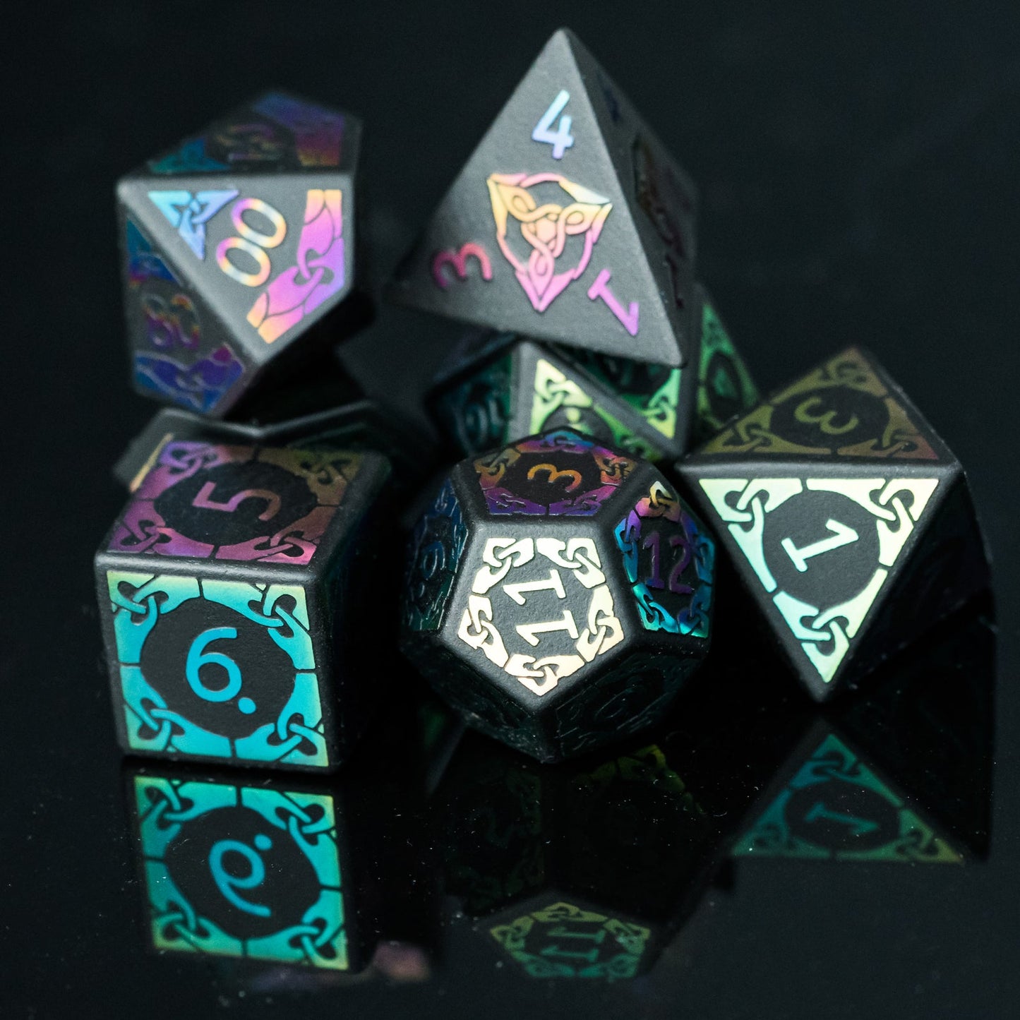 Obsidian With Rainbow Font Gemstone Dice Set - Geek Therapeutics