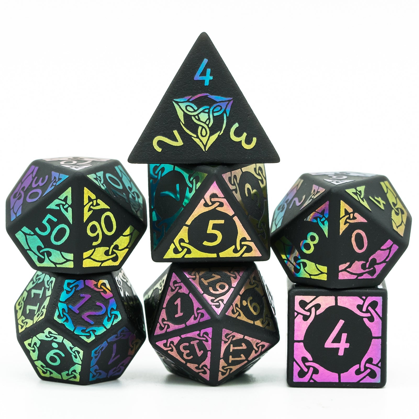 Obsidian With Rainbow Font Gemstone Dice Set - Geek Therapeutics