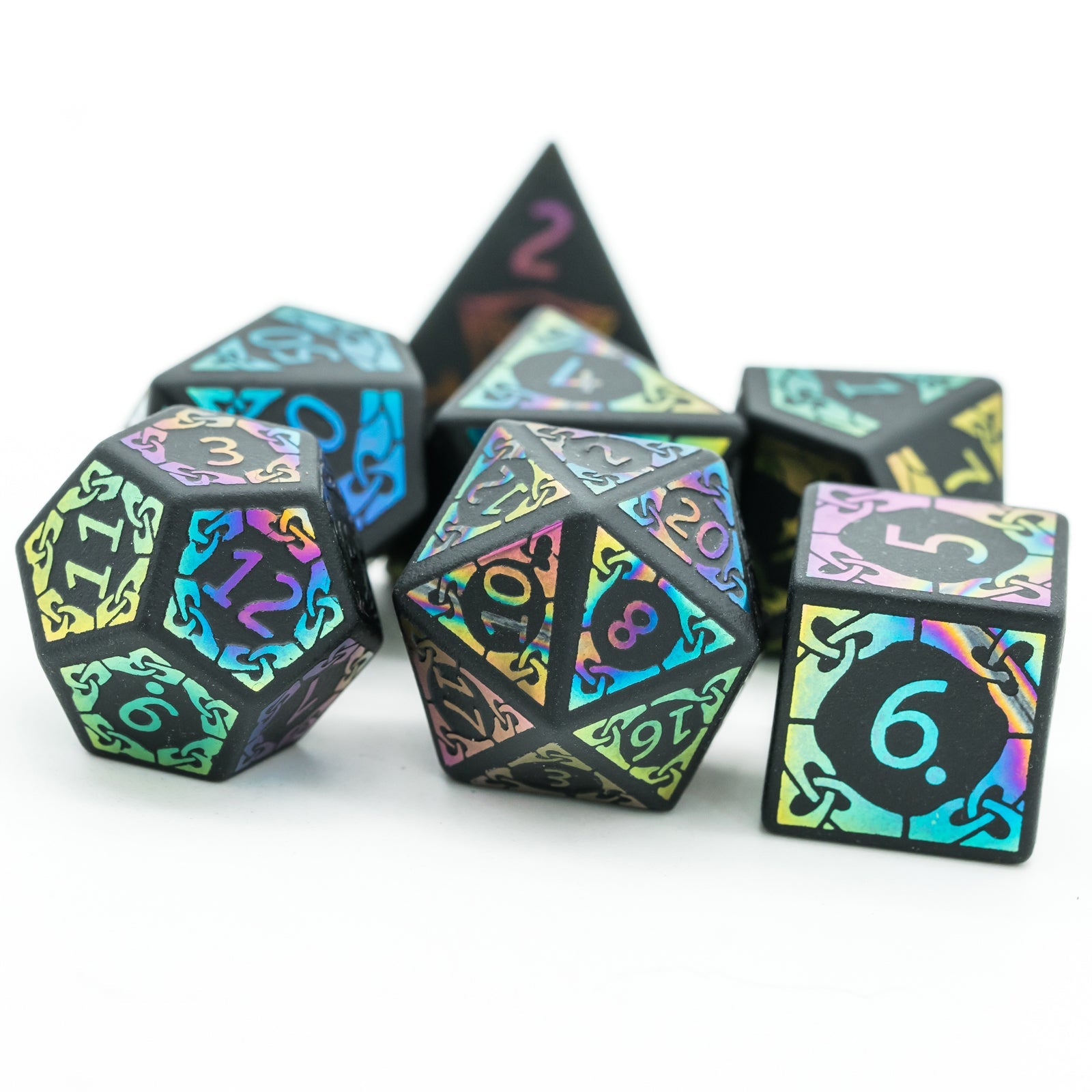 Obsidian With Rainbow Font Gemstone Dice Set - Geek Therapeutics