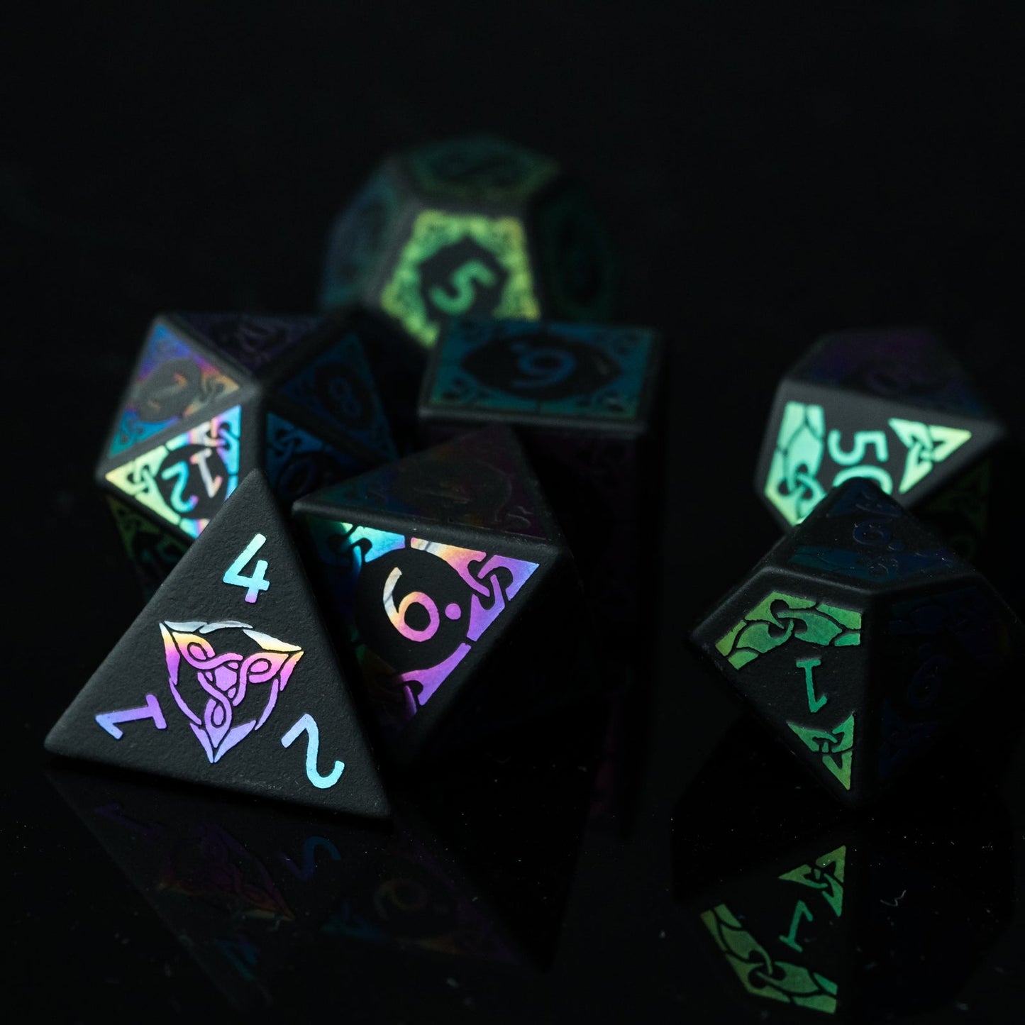 Obsidian With Rainbow Font Gemstone Dice Set - Geek Therapeutics