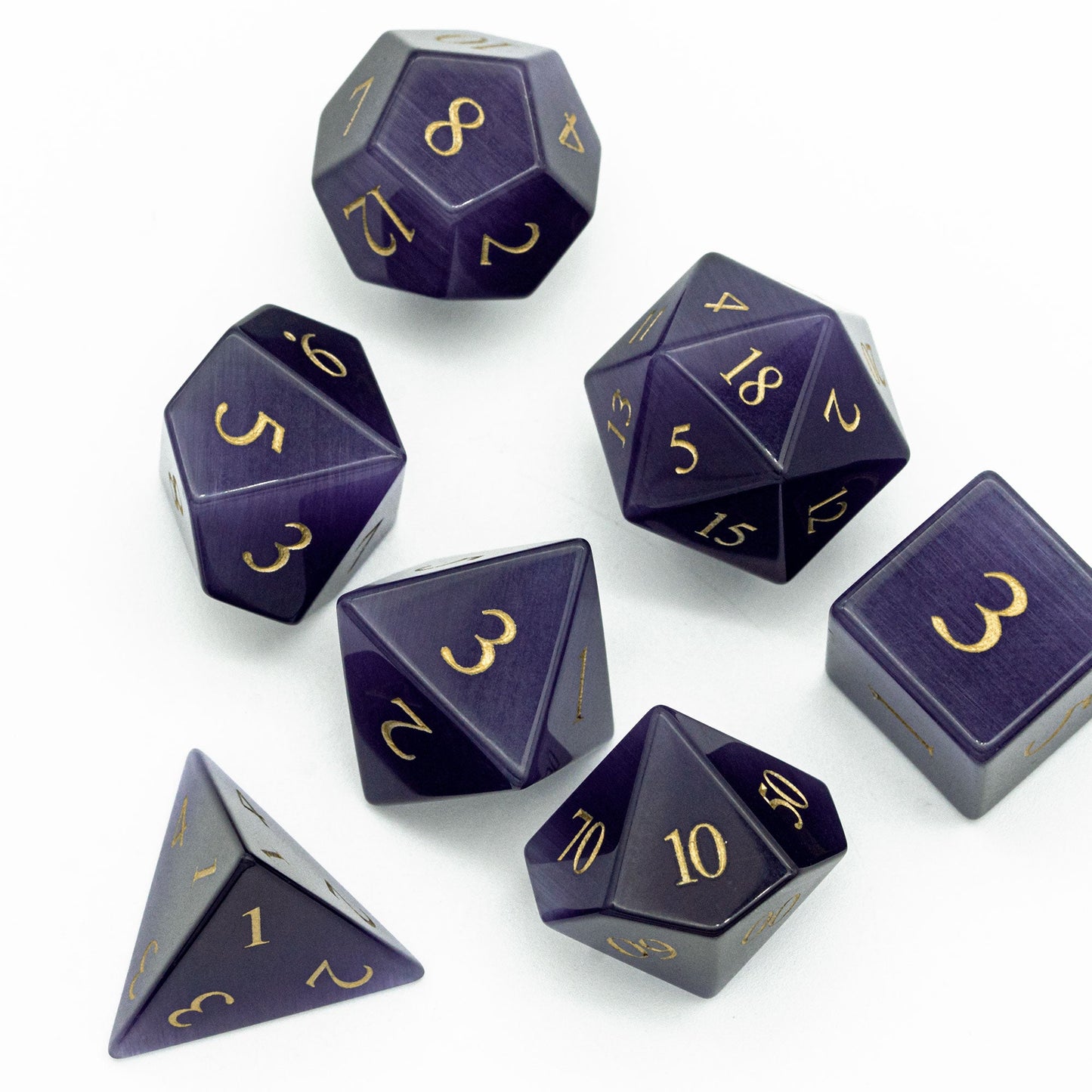 Purple Cat Eye Gemstone Dice Set - Geek Therapeutics