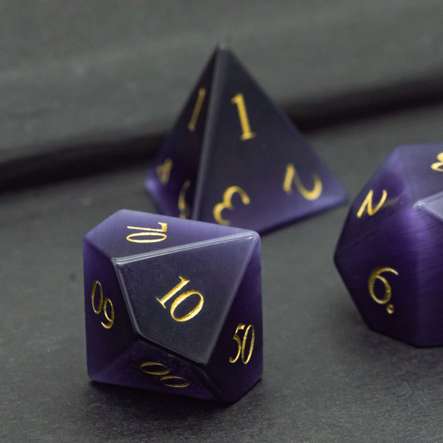 Purple Cat Eye Gemstone Dice Set - Geek Therapeutics