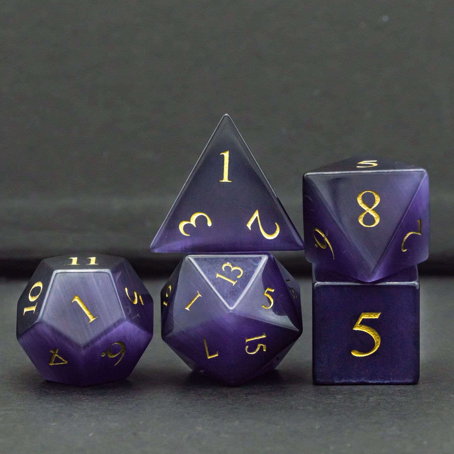 Purple Cat Eye Gemstone Dice Set - Geek Therapeutics