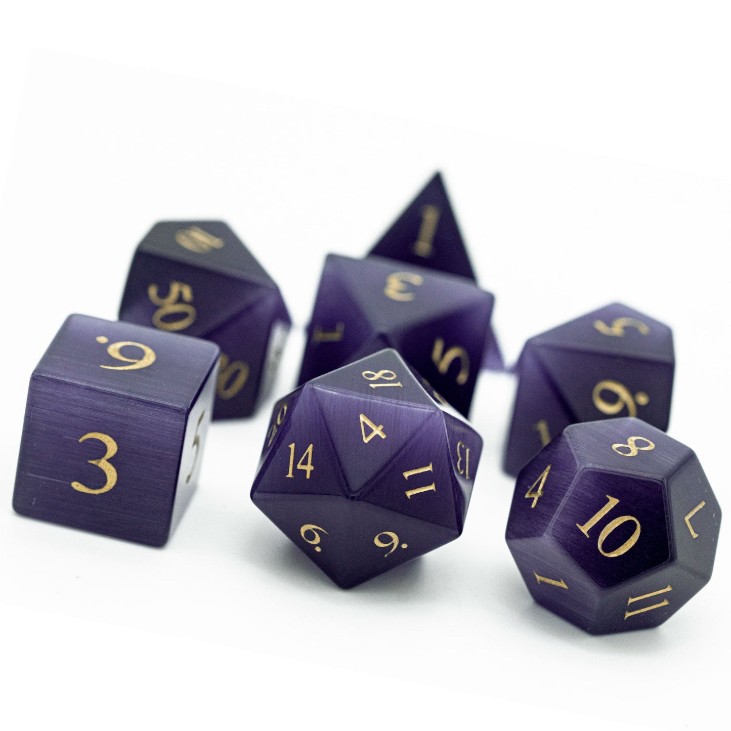 Purple Cat Eye Gemstone Dice Set - Geek Therapeutics