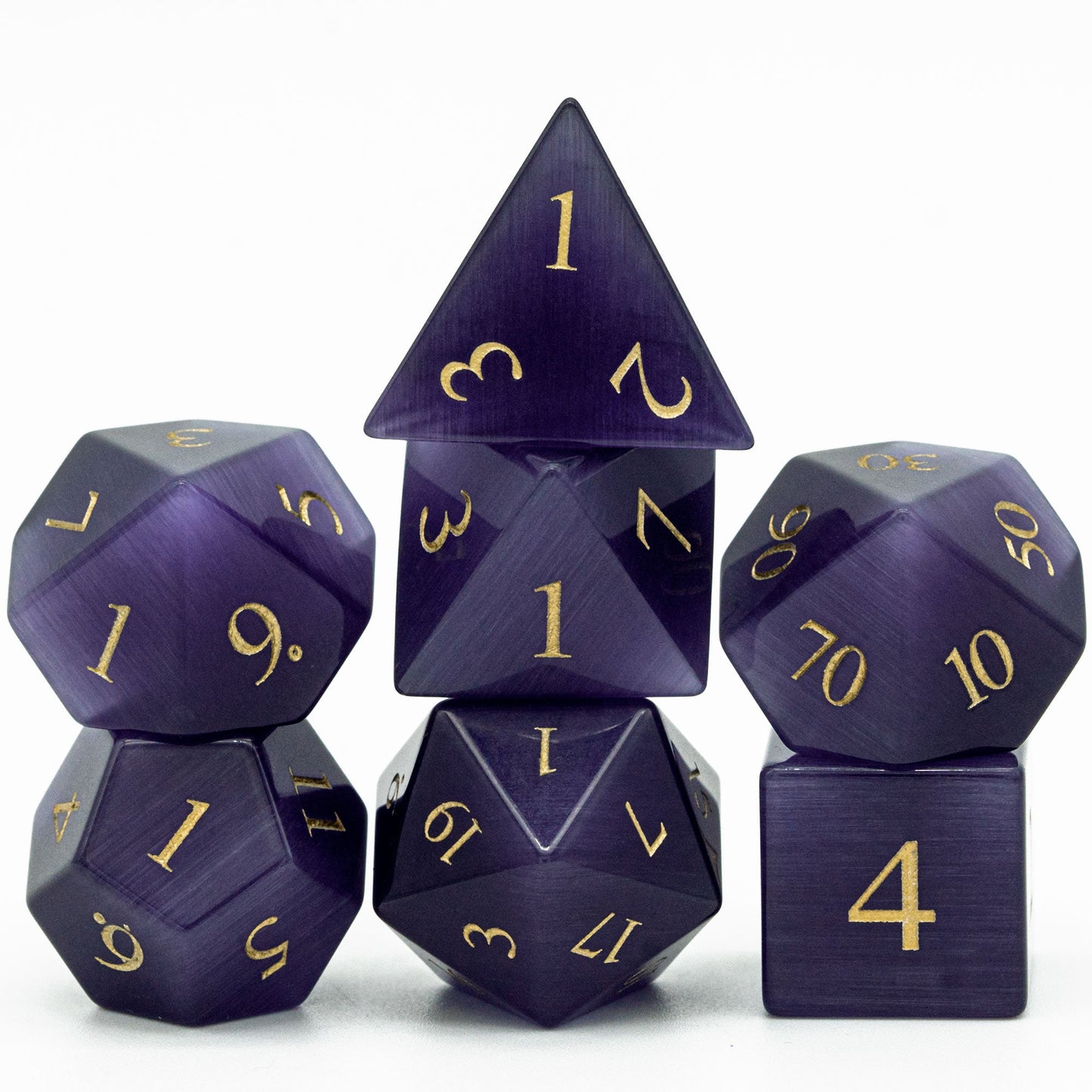 Purple Cat Eye Gemstone Dice Set - Geek Therapeutics