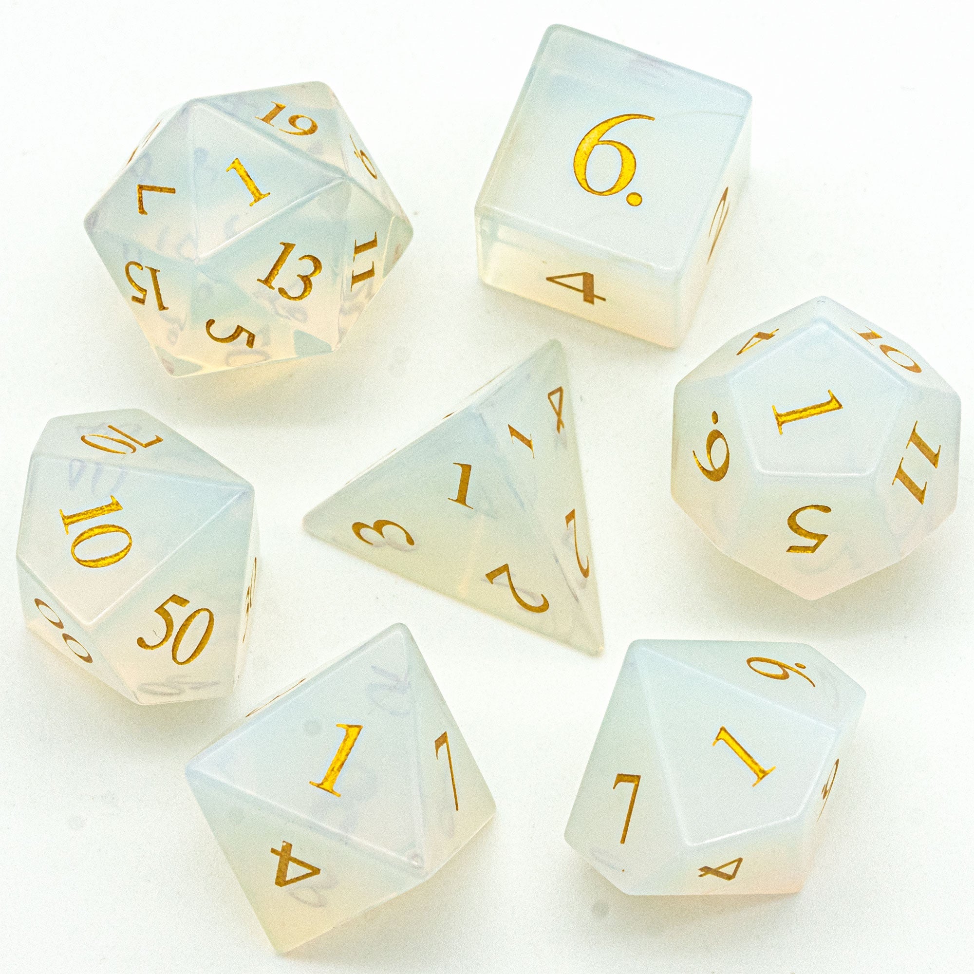 High quality ENGRAVED Opalite Gemstone Polyhedral Dice Set，Full-Sized 16mm